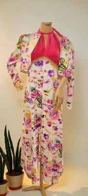 Maxi vestido y chaqueta de noche formal cosidos a mano rosa/púrpura abstracto vintage de los años 70 Foto 1 de 4