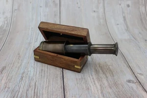 Antique Victorian Style Brass & Leather 6 inch Telescope With Wooden Box Gift - Picture 1 of 8