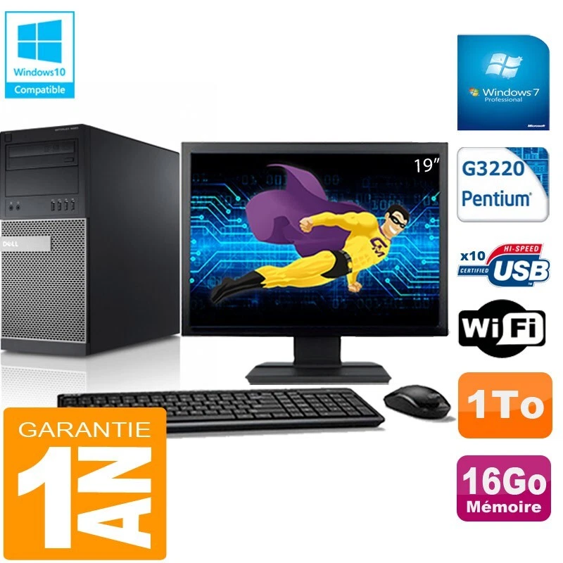 PC tour DELL 9020 Intel G3220 RAM 16Go Disco 1A Wifi W7 Pantalla 19" - Imagen 1 de 1