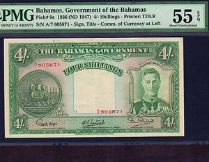 Bahamas 4 Shillings 1936 P-9e * PMG AU 55 EPQ * King George * - Picture 1 of 2