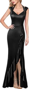NWT $78 SIZE SMALL BLACK DRESS V Halter Neck Celebrity Ruffle High Split GOWN - Picture 1 of 9