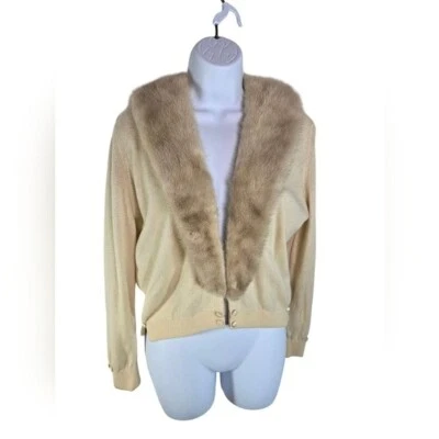 Vtg 50s cream wool cashmere mink fur collar cardigan sweater women READ LISTING - Image 1 of 4