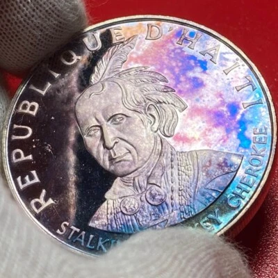 1971 HAITI 10 GOURDES 1.5oz SILVER PROOF INDIAN CHEROKEE CHIEF STALKING TURKEY - Image 1 of 4