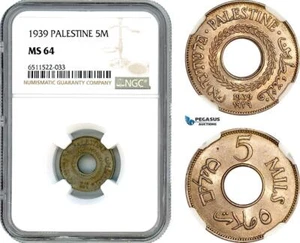AI088, Palestine, 5 Mils 1939, London Mint, NGC MS64 - Picture 1 of 1