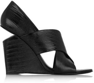 ALEXANDER WANG Black Ida Lizard Leather Peep Toe Wedges Sandals 38 8 - Picture 1 of 11