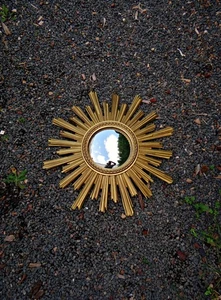 Miroir Soleil Sunburst œil de sorcière en résine doré style mid-century vintage - Foto 1 di 13