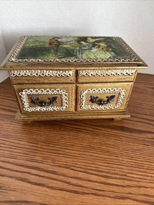 Vintage Schmuckkästchen Antoine Watteau Holz mit Seidenteppich - Bild 1 von 5