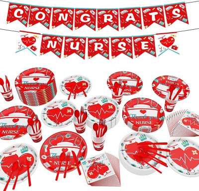 Nurse Congratulations Table Set serves 16 guest party plate cup knife banner - Image 1 of 4