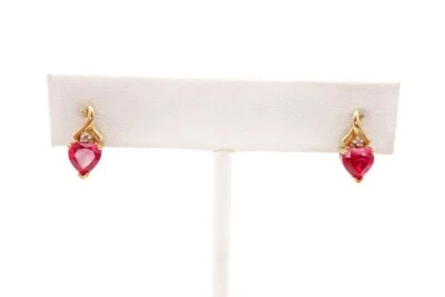 10k Yellow Gold Lab-Created Ruby Diamond Heart Earrings - Image 1 of 4