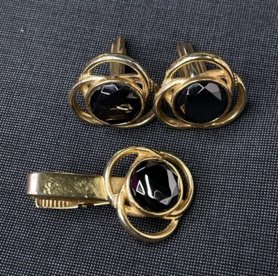 复古 Emmons 黑色宝石玻璃袖扣金色领带夹扣套装 — 第 1/4 张图片