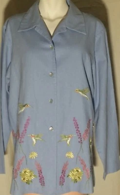 Vntg ARIEL Linen/Rayon Baby Blue Blouse Long Sleeve w/ Embroidery Sz M - Image 1 of 4
