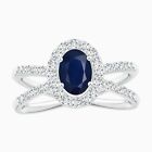 1.0 Cts Oval Blue Sapphire 925 Sterling Silver Halo Split Shank Ring For Women