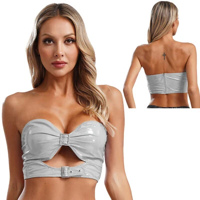 Lencería sexy de charol para mujer sujetador sin tirantes tubo top hueco top corto Foto 1 de 4