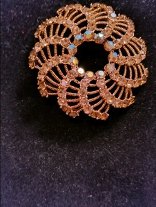 Vintage Rose Gold Tone Brooch With 88 Dazzling Amber Color  Stones - Picture 1 of 4
