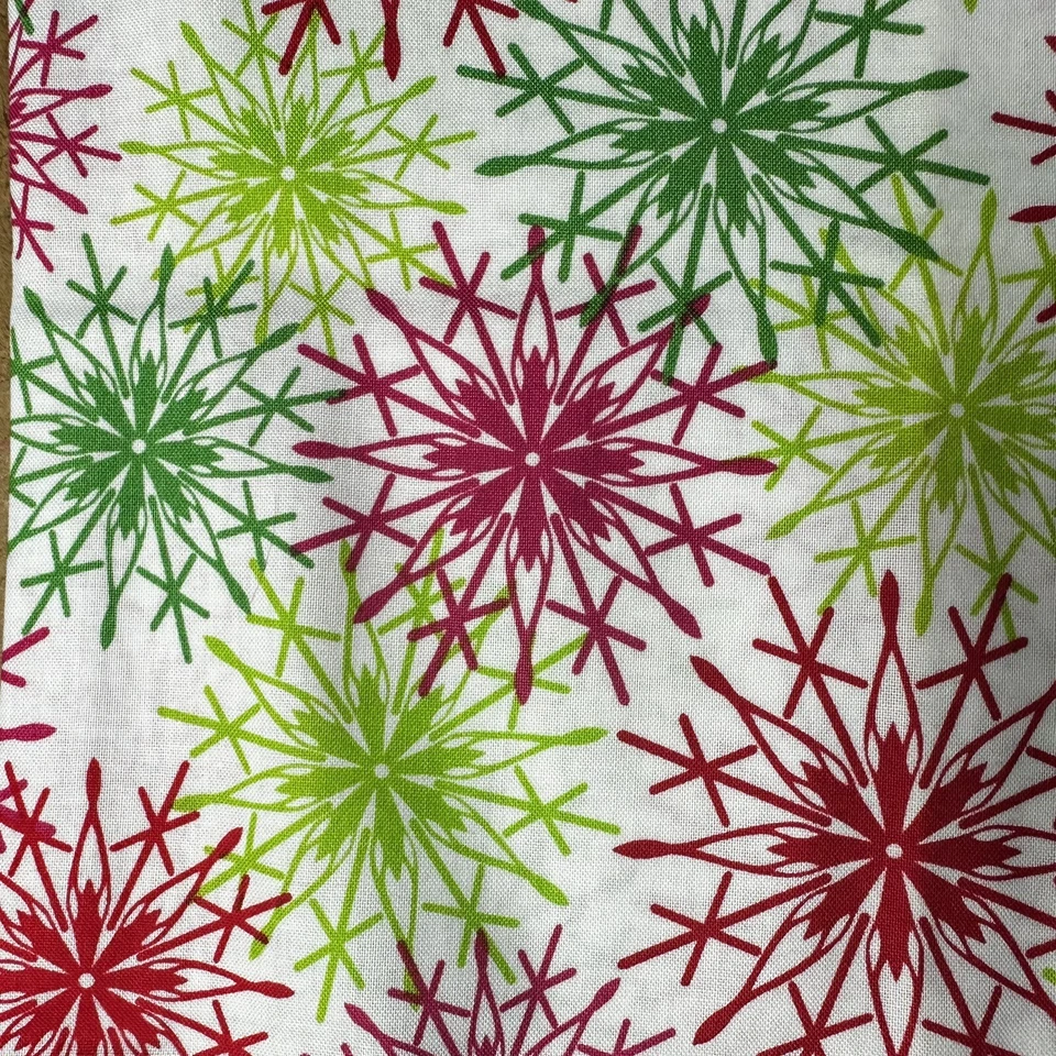 Bright Pink Green Snowflakes On White 100% Cotton Fabric By The Yard Christmas - Image 1 of 2