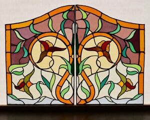 Pair of 31" Tall Antique French Stained Glass Panels with & Leaded Glass