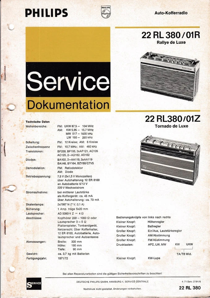 Servizio Manuale di Istruzioni per Philips 22 Rl 380,Rallye De Luxe,Tornado Luxe - Immagine 1 di 1