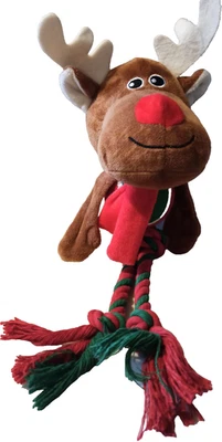 RUDOLF REINDEER - DOG TOY - 16" 40cm - Tennis Ball rope Squeak crinkle Christmas - Image 1 of 4