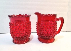 2 FENTON Ruby Red Hobnail Creamer and Open Sugar Vintage Set Of Two Peice - Picture 1 of 9