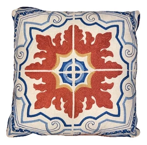 Vintage Pier One Throw Pillow w/ Geometric Design Embroidered 16x16 Zippered - Picture 1 of 5