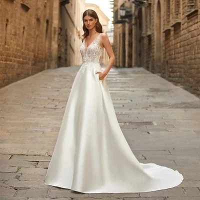 Elegant Sexy Boho V-Neck Satin Lace Wedding Dresses with Pocket Bow Applique - Image 1 of 4