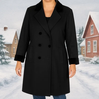 Длинный черный шерсти пальто женщин 14 двубортный бархат отделки зимняя куртка шик - Изображение 1 из 4