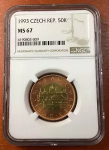 CZECHY 50 Korun 1993 Bimetaliczny NGC MS67 TOP POP 1/3 Finest Known - Zdjęcie 1 z 6