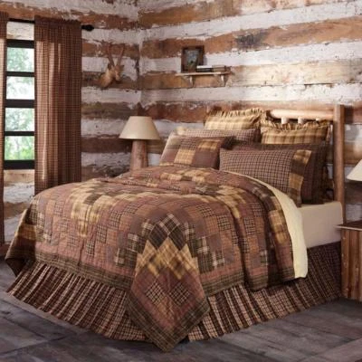 PRESCOTT TWIN QUEEN CAL KING QUILT Rustic Primitive Brown Block Cabin VHC Brands - Image 1 of 3