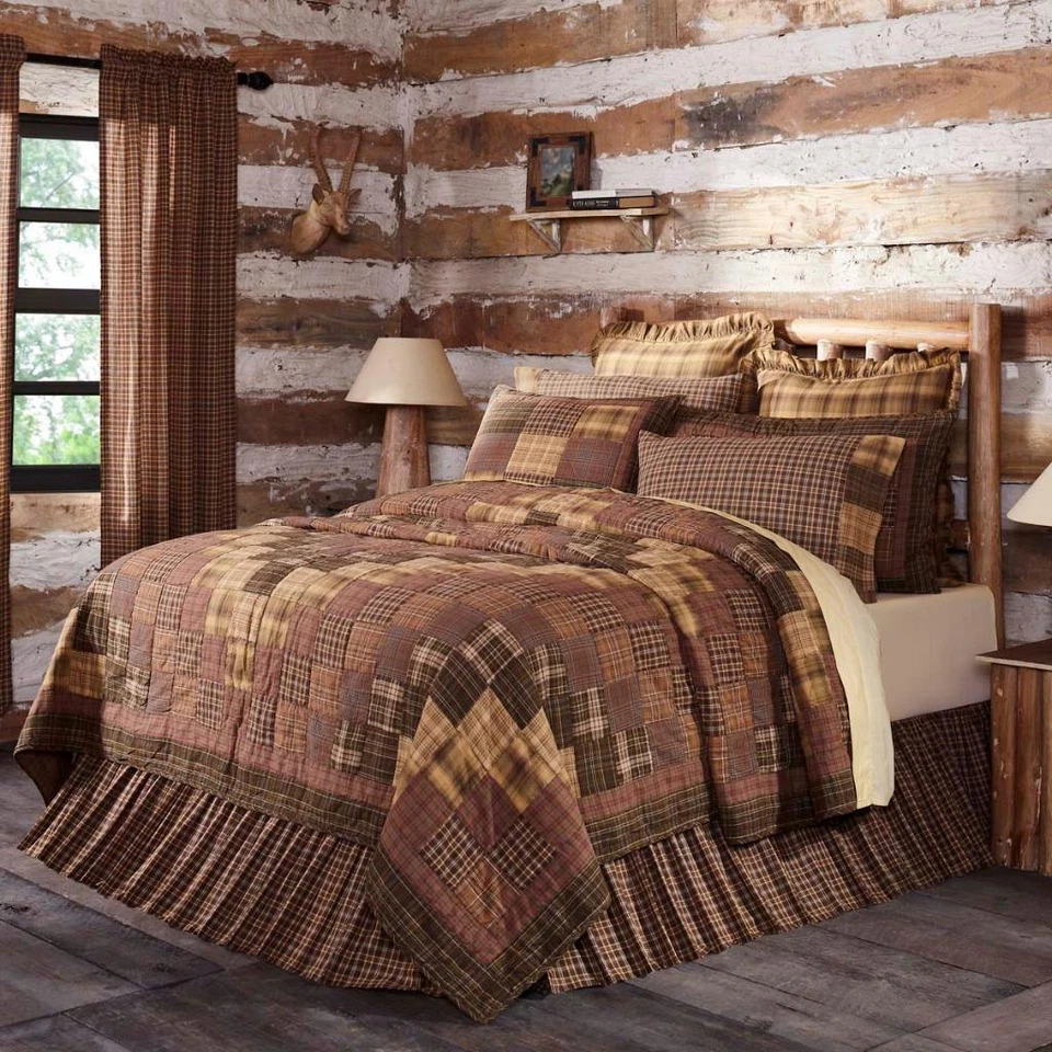PRESCOTT TWIN QUEEN CAL KING QUILT Rustic Primitive Brown Block Cabin VHC Brands - Image 1 of 3