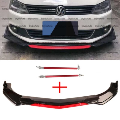 For Volkswagen Golf MK5 MK6 MK7 Front Bumper Lip Spoiler + Strut Rods Black Red - Image 1 of 4