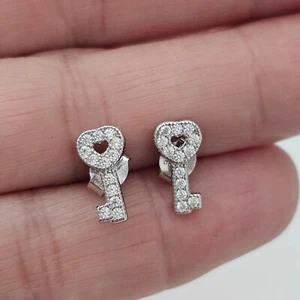 Key to my Heart Mini Stud Earrings 925 Sterling Silver Pave Rhinestone NEW - Picture 1 of 6