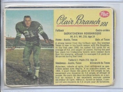 Clair Branch Saskatchewan Roughriders 1963 Post CFL Football Card #101 - Image 1 of 2