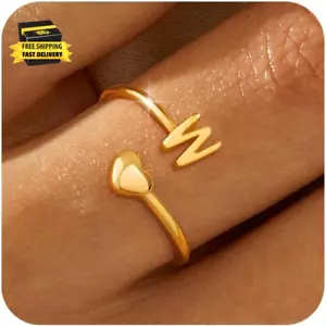 Gold Rings for Women Non Tarnish 14K Gold Plated Heart Initial Ring Dainty Stack - Picture 1 of 6