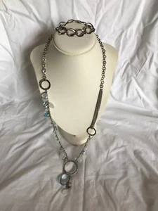 Silver tone clear blue opaque white facet beaded necklace chain link bracelet  - Picture 1 of 10