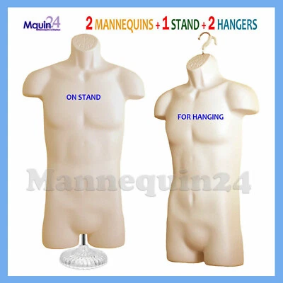 2 Flesh Mannequin Male Torsos Set - 2 Plastic Dress Forms + 2 Hangers + 1 Stand - Image 1 of 4