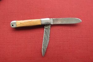  HAND MADE DAMASCUS TWO BLADE FOLDING POCKET KNIFE -BLONDE WOOD handle 