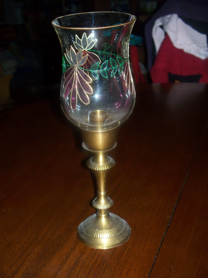 14" PIER 1 SOLID BRASS CANDLE BASE W/GOLD TRIM CANDLE GLOBE - Image 1 of 1