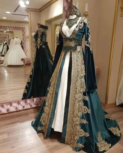 Vestidos de graduación Hunter verde terciopelo caftán marroquí apliques manga larga musulmanes - Imagen 1 de 5