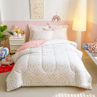 Juego de edredón tamaño queen para niñas, colorido diseño de lunares blanco y rosa,... Foto 1 de 4