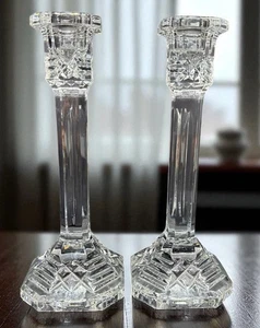 Set Of 2 Marked Waterford Crystal 8 Inch Column Candlesticks Octagon Pillar - Picture 1 of 14