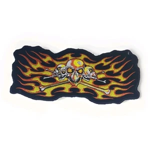 Skulls & Crossbones Flames Embroidered Patch Orange Yellow 10" x 4" - Picture 1 of 3