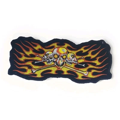 Skulls & Crossbones Flames Embroidered Patch Orange Yellow 10" x 4"  - Image 1 of 3