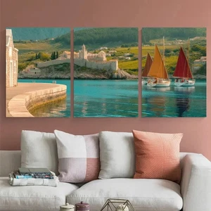 Arte listo para colgar 3 piezas veleros de pueblo costero paisaje impresión metálica - Imagen 1 de 8