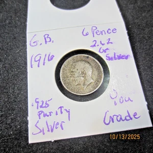 GREAT BRITAIN * 1916* 6 Pence* 2.6 Grams of Silver * .925 Purity - Picture 1 of 3