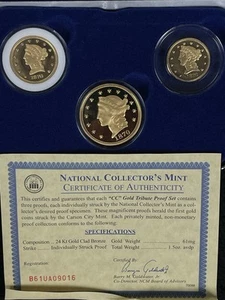 Set 3 monete oro CC Tribute Proof National Collectors Mint con vetrina e certificato di autenticità - Foto 1 di 8