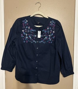 NWT Talbots Embellished Sequin Navy Blue Poplin Button Up Top M Petite Classic - Picture 1 of 7
