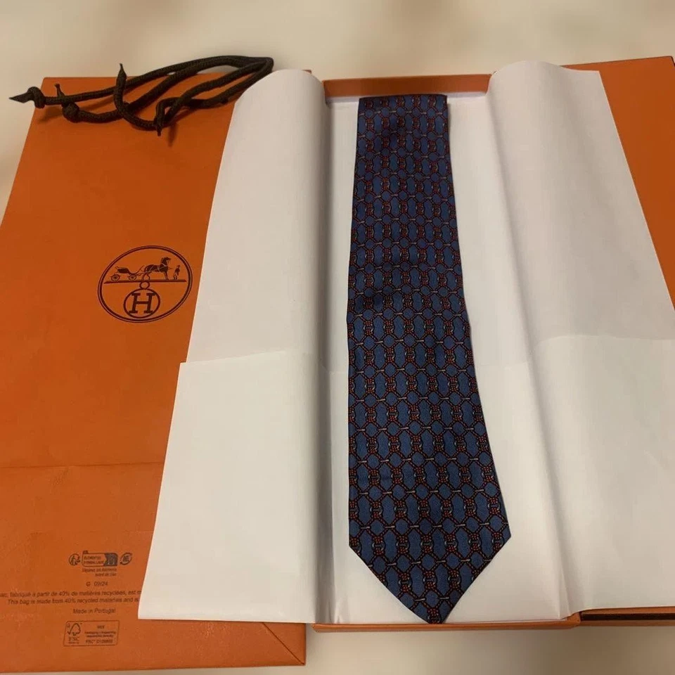 HERMES New Unused Neck Tie Navy Red Rope Check 100%Silk With Box Made in France - Image 1 of 4