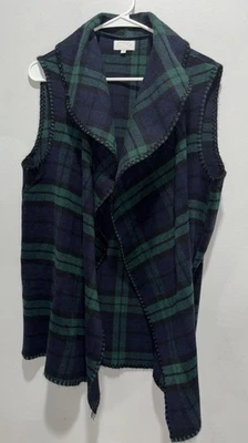 Mudpie Women’s One Size Navy Blue And Green Plaid Sleeveless Vest Shawl Collar - Image 1 of 4