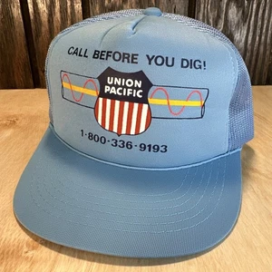 Vintage Union Pacific Trucker Hat Call Before You Dig Blue 80s 90s Railroad Vtg - Picture 1 of 10