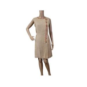 Vtg Country Set Chic Dress Size S Tan Sheath Red Trim Linen Blend Lined Button - Picture 1 of 4